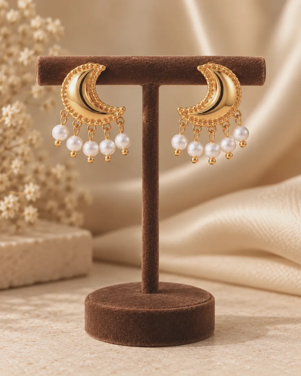 Moonlit Muse Pearl Drop Crescent Earrings – Gold Plated